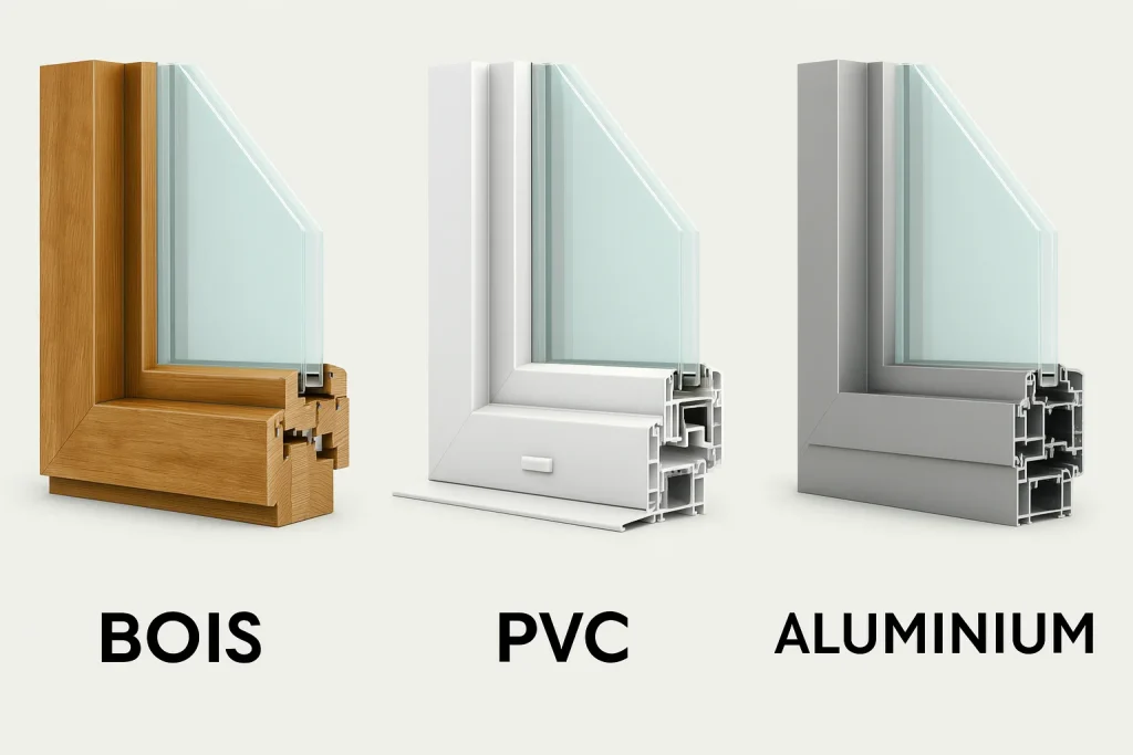 Présentation de menuiseries en aluminium, en bois et en PVC