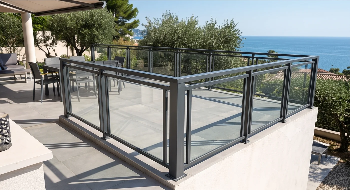 Garde corps en verre trempé et aluminium sur une terrasse avec vue sur la mer